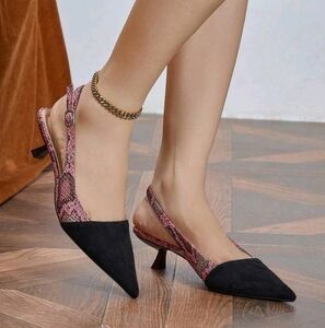 Slingback Kitten Heel with Black‎ Suede and Pink Snakeskin Print Pointed Shoes